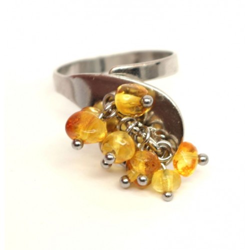 Silver Color Ring With Light Honey Baltic Amber size adjustable