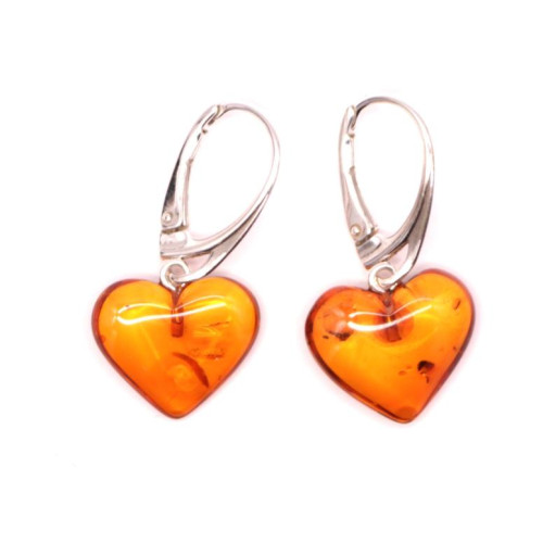 Heart Shape Baltic Amber Dangle Earrings Light Cognac Color Sterling Silver 925 