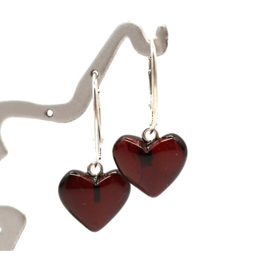 Heart Shape Baltic Amber Dangle Earrings Cherry Color Sterling Silver 925 