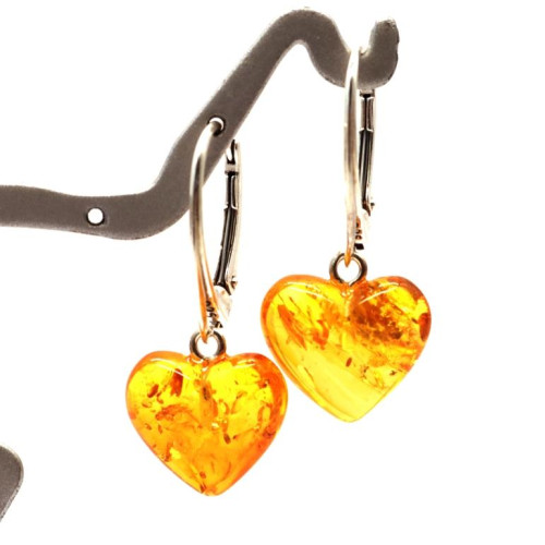 Heart-shaped honey-colored amber earrings with a 925 silver hook