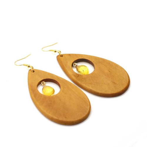 Oval Brown Wooden Earrings With Amber 500