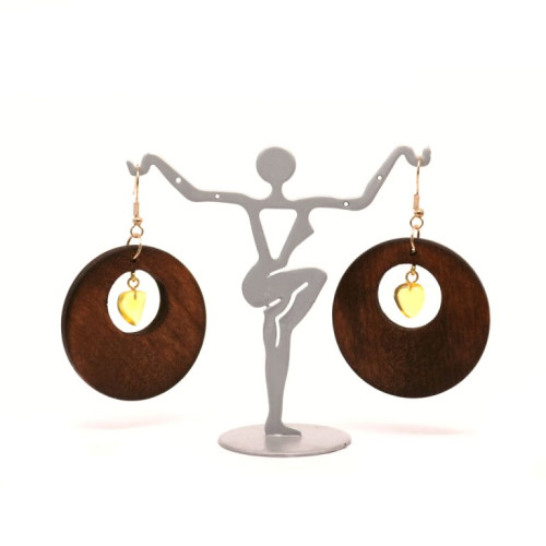 Round Brown Wooden Earrings With Amber