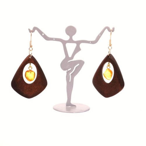 Brown Wooden Dangle Earrings With Yellow Baltic Amber
