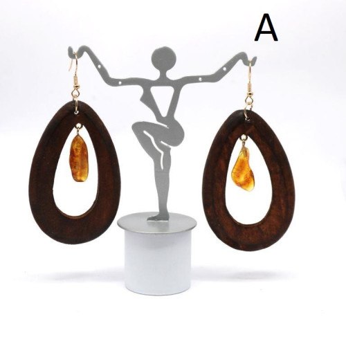Teardrop Shape Brown Wooden Earrings With Amber 503