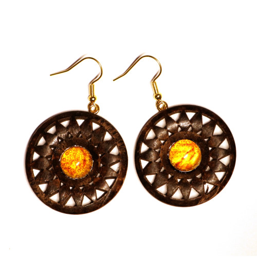 Round Brown Wooden Earrings With Amber 507