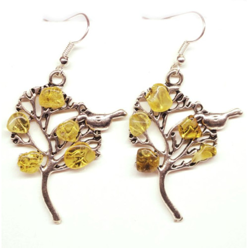 Earrings With Honey Color Baltic Amber "Tree With Bird"