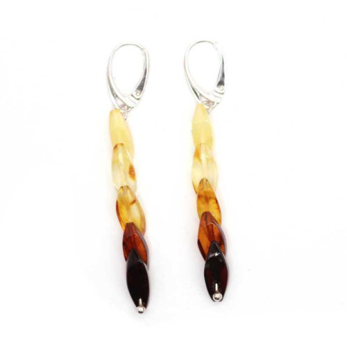 Long Multi-Color Baltic Amber Dangle Earrings with Silver Leverback