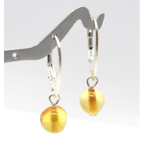 Silver Color Earrings With Lemon Color Baltic Amber Ball