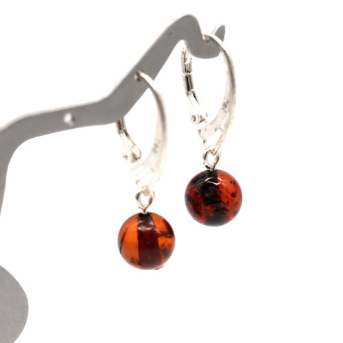 Silver Color Earrings With Dark Cognac Color Baltic Amber Ball