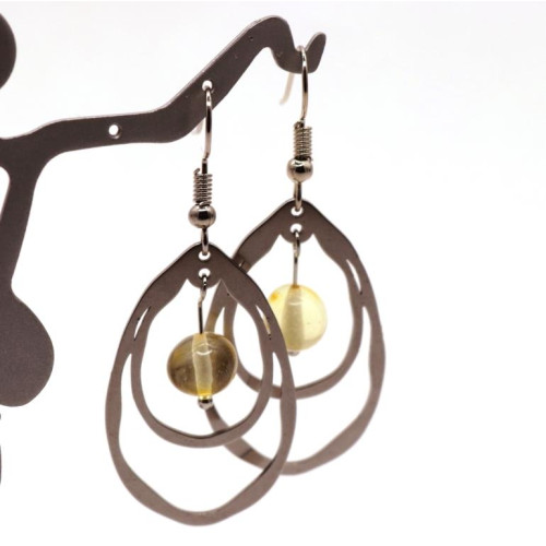 Stainless steel earrings with yellow amber bead