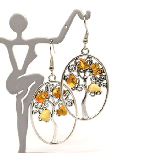 Oval Shape Earrings With Honey Color Baltic Amber "Autumn Tree"