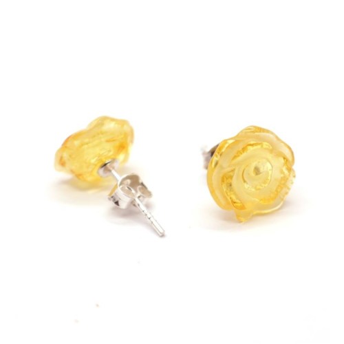 Baltic Amber Light Honey Color 925 Sterling Silver Stud Earrings "ROSE"