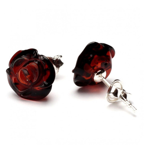 Baltic Amber Dark Cognac Color 925 Sterling Silver Stud Earrings "ROSE"