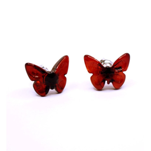 Baltic Amber Dark Cognac Color 925 Sterling Silver Stud Earrings "Butterfly"