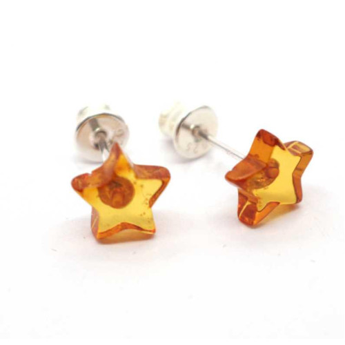 Honey Baltic Amber Star Stud Earrings with 925 Sterling Silver
