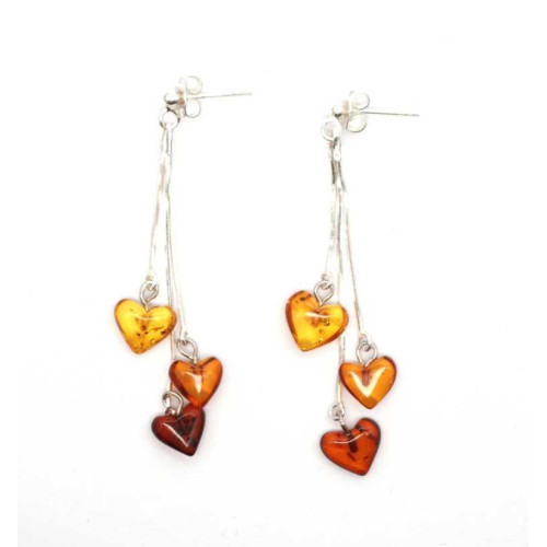 Long Heart Baltic Amber Dangle Earrings with 925 Sterling Silver Studs