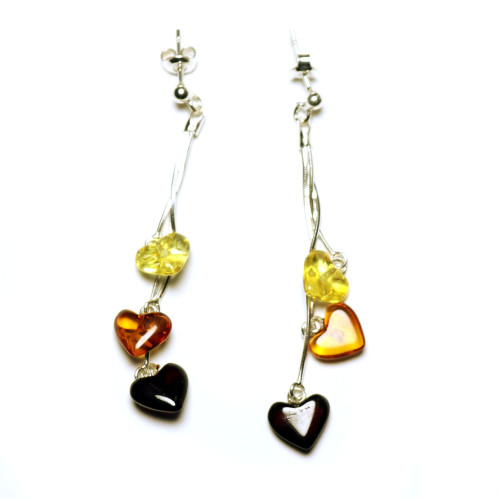 Multi-Color Baltic Amber Heart Dangle Earrings with 925 Sterling Silver Studs