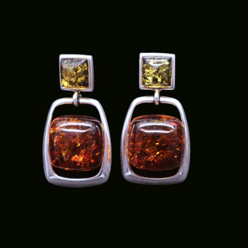 Modern Silver Earrings with Green and Cognac Baltic Amber