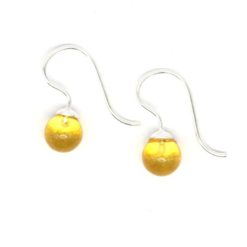 Silver earrings with a yellow amber ball