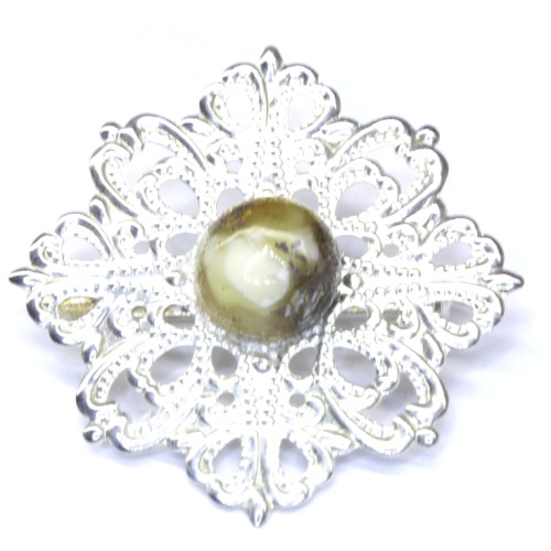 Silver Color Brooch / Pin With Baltic Amber