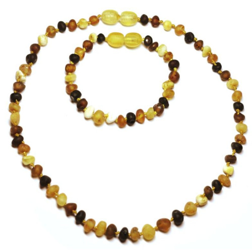 Unpolished Baroque Style Multi Color Baltic Amber Teething Necklace / Bracelet Set
