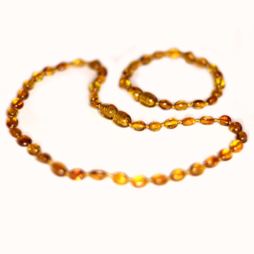Polished Bean Style Light Cognac Teething Necklace / Bracelet Set