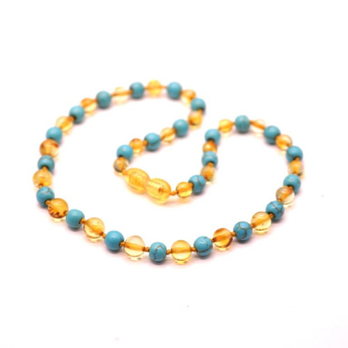 Polished Baroque Style Honey Baltic Amber With Turquoise Teething Necklace