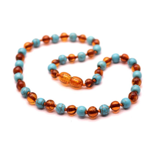 Polished Baroque Style Cognac Baltic Amber With Turquoise Teething Necklace