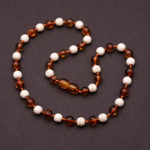 Polished Baroque Style Cognac Baltic Amber With Onyx Teething Necklace