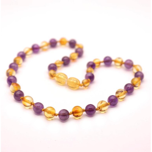Polished Baroque Style Honey Baltic Amber With amethyst Teething Necklace