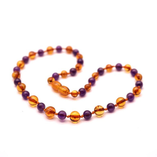Polished Baroque Style Cognac Baltic Amber With amethyst Teething Necklace