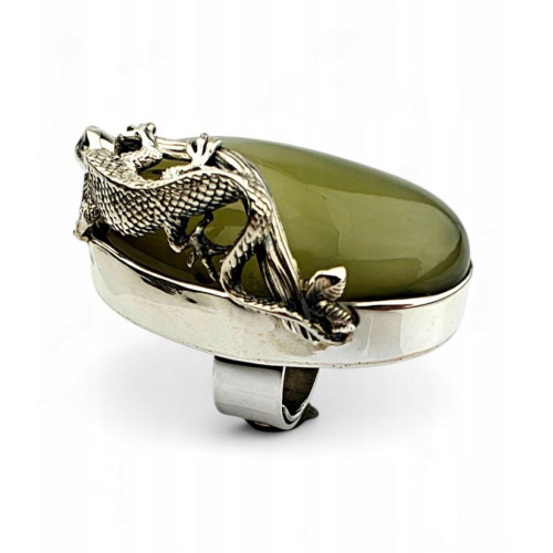 Unique Massive Green Amber Silver Lizard Ring