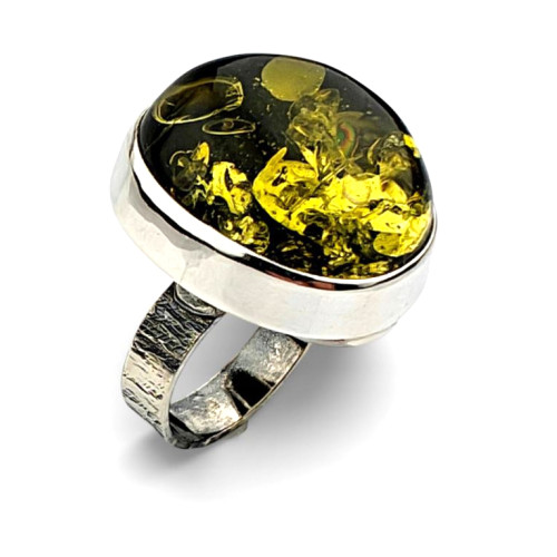 Adjustable Sterling Silver Ring with Green Baltic Amber
