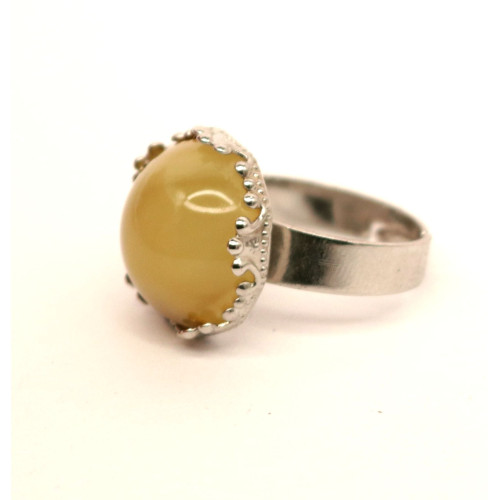Silver Color Ring With Royal Milky Baltic Amber Adjustable