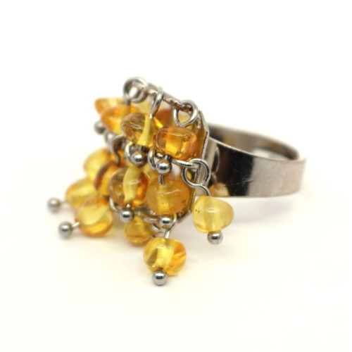 Silver Color Ring With Honey Baltic Amber - Adjustable