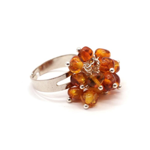 Silver Color Ring With Cognac Baltic Amber - Adjustable