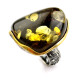 Grand Handcrafted 925 Sterling Silver Ring with Cognac Baltic Amber & Gold Plating