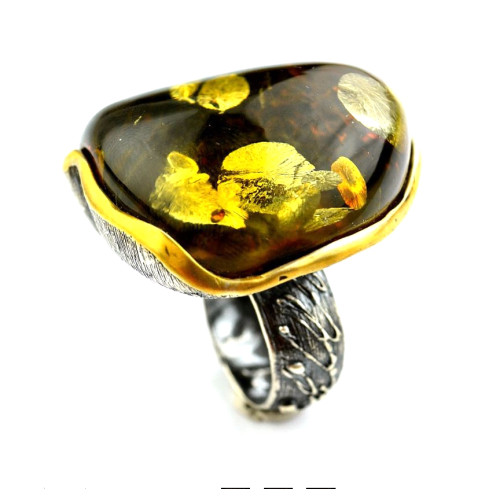Grand Handcrafted 925 Sterling Silver Ring with Cognac Baltic Amber & Gold Plating