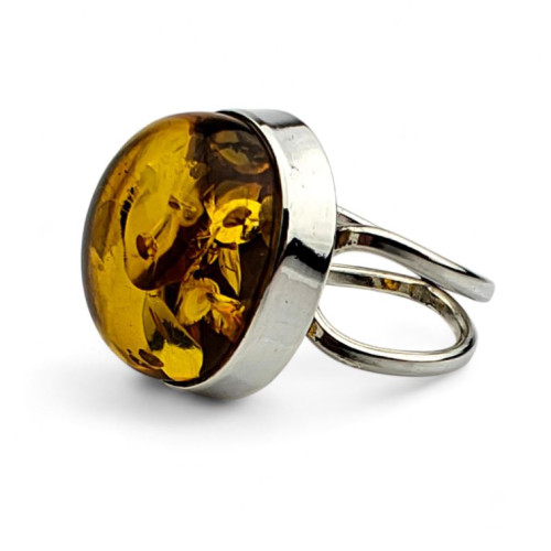 Elegant 925 Sterling Silver Ring with Oval Honey-Cognac Baltic Amber (Adjustable Size)