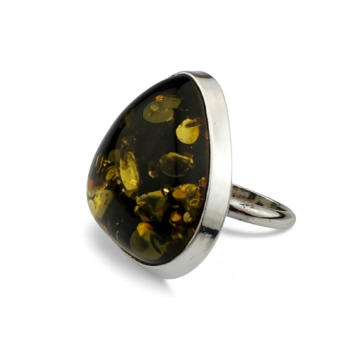 Adjustable Sterling Silver Ring with Clear Green Baltic Amber