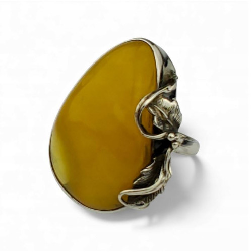 Adjustable Sterling Silver Ring with Egg Yolk Baltic Amber