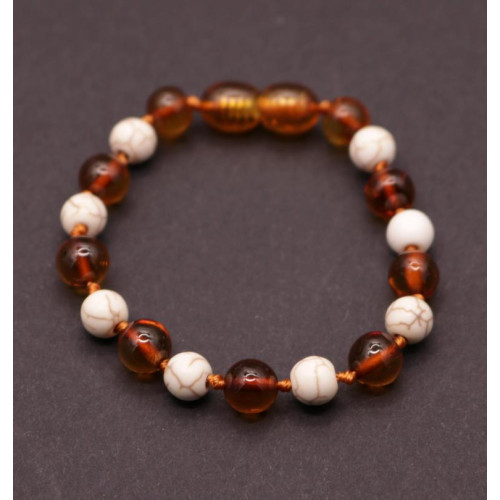 Polished Baroque Style Cognac Baltic Amber Teething Bracelet/Anklet With Howlite