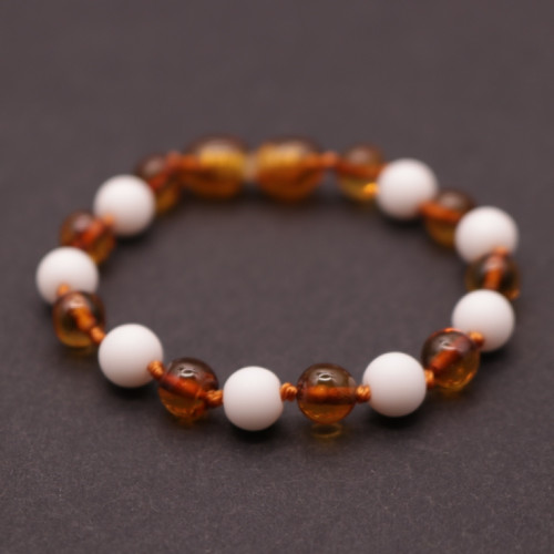 Polished Baroque Style Cognac Baltic Amber Teething Bracelet/Anklet With Onyx
