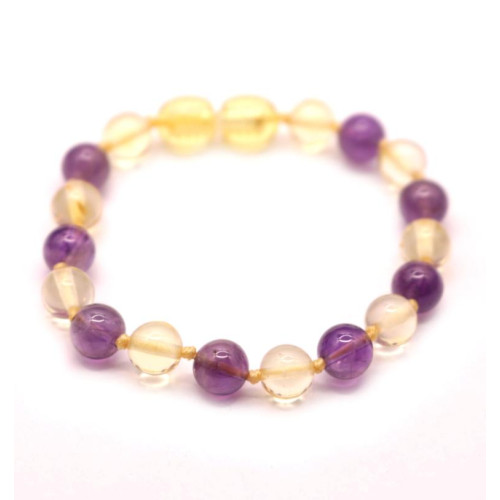 Polished Baroque Style Lemon Baltic Amber Teething Bracelet/Anklet With Amethyst