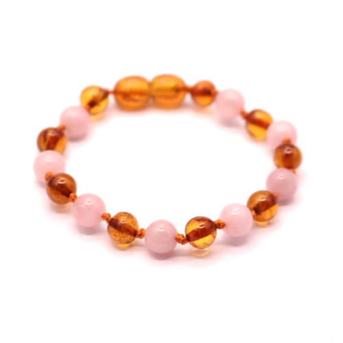 Polished Baroque Style Light Cognac Baltic Amber Teething Bracelet/Anklet With Rose Quartz