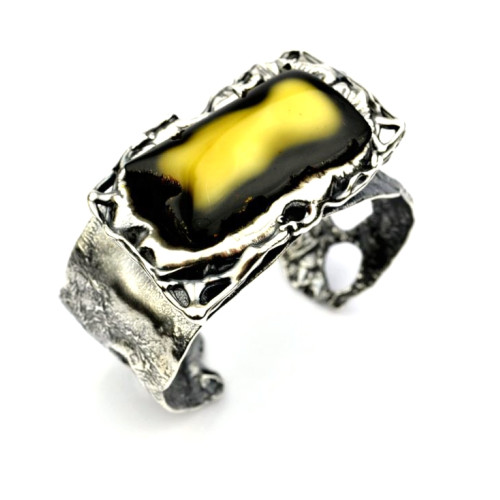 Unique Large Silver Bracelet with Green Baltic Amber