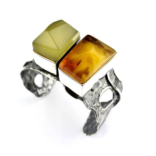 Unique Massive Silver Bracelet with Two Baltic Amber Stones (86 g)