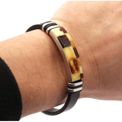 Men's Leather Bracelet with Baltic Amber Mosaic & Stainless Steel