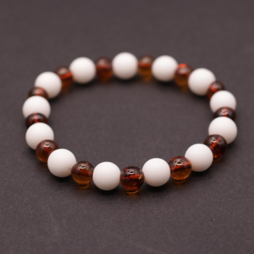 Polished Baroque Style Cognac Baltic Amber Adult Bracelet With Onyx