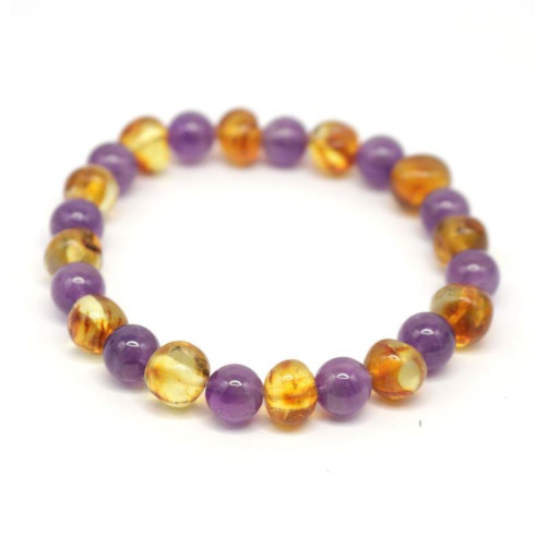 Polished Baroque Style Honey Baltic Amber Adult Bracelet with amethyst